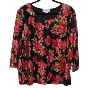 C.D. Daniels Red & Black Floral Stretch Lace Pullover Top 1/2 sleeves 3X EUC